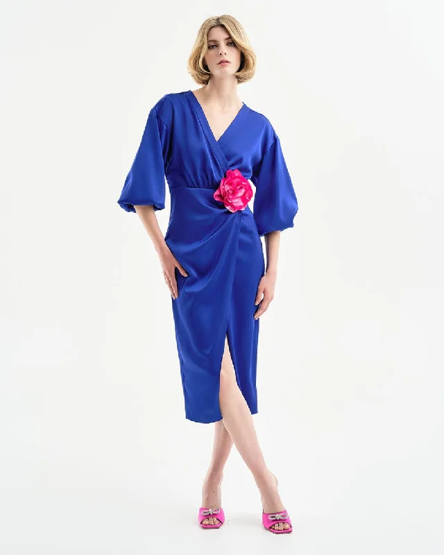 Access Fashion Blue Wrap Midi Satin Dress With Pleats Tunics Review highly