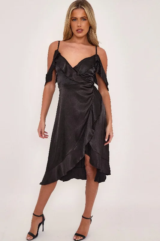 Aftershock London Black Off Shoulder Satin Midi Dress Crew Neckline Sporty