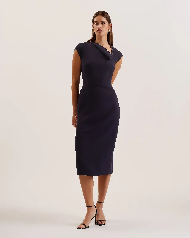 Bayree Asymmetric Folded Neckline Midi Dress Navy Tunics Denim casual