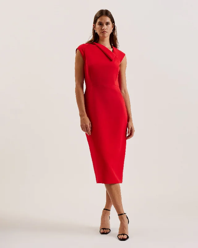 Bayree Asymmetric Folded Neckline Midi Dress Red Tunics Stylish elegant