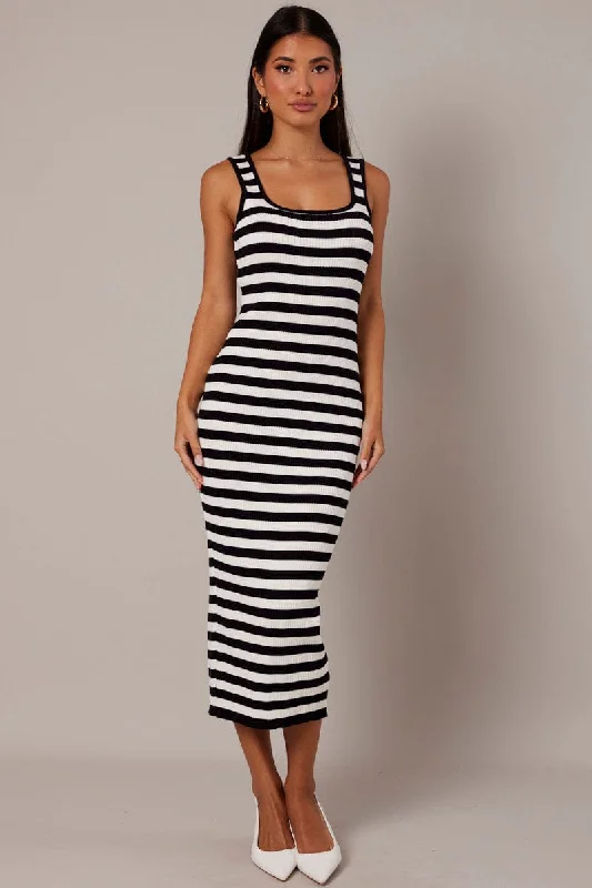 Beige Stripe Knit Midi Dress Sleeveless Scoop Neck Bodycon Rib Tunics Velvet soft