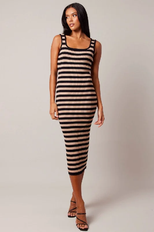 Beige Stripe Knit Midi Dress Sleeveless Scoop Neck Bodycon Rib Tunics Stylish elegant