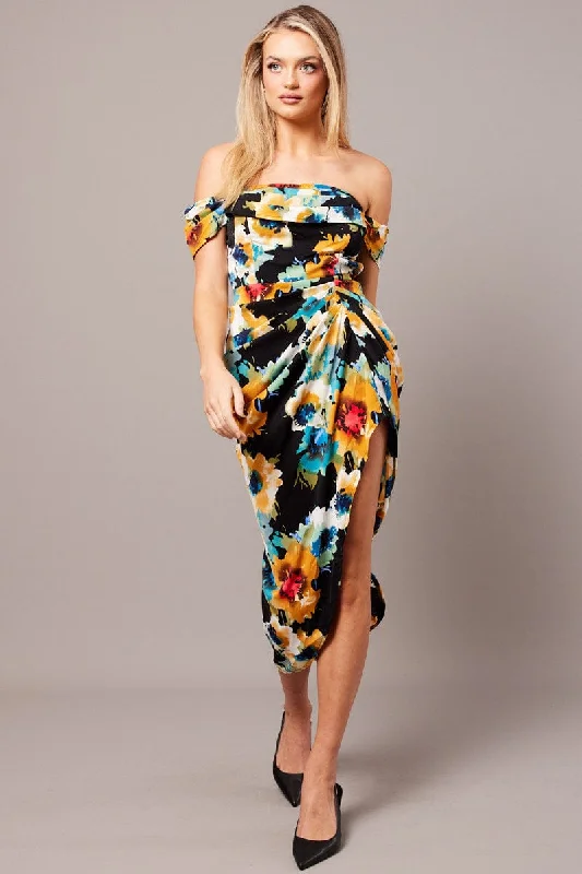 Black Floral Bardot Midi Dress Draped Off Shoulder Dress Tunics Chic elegant