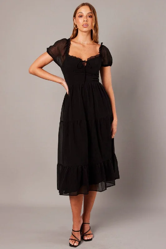 Black Midi Dress Puff Sleeve sweetheart Neckline Romantic