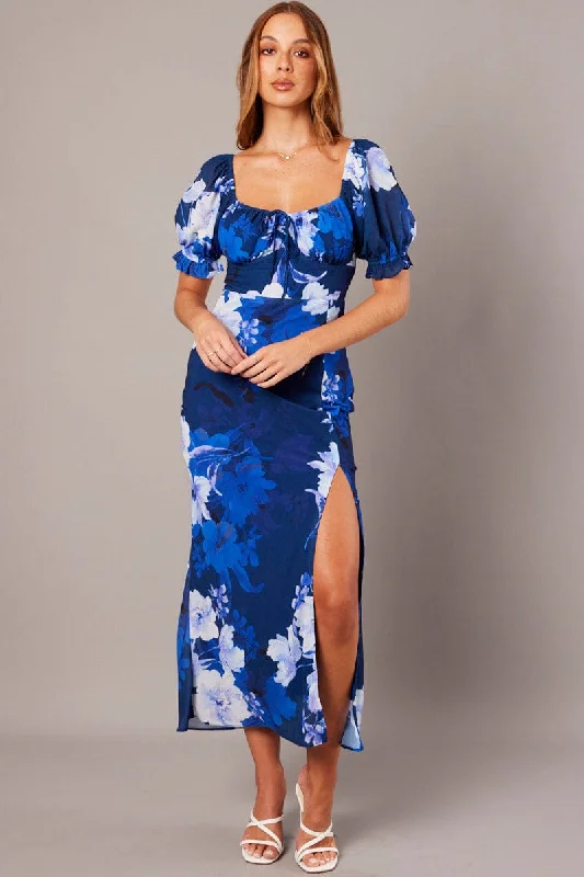 Blue Floral Midi Dress Puff Sleeve Tunics Essential wardrobe