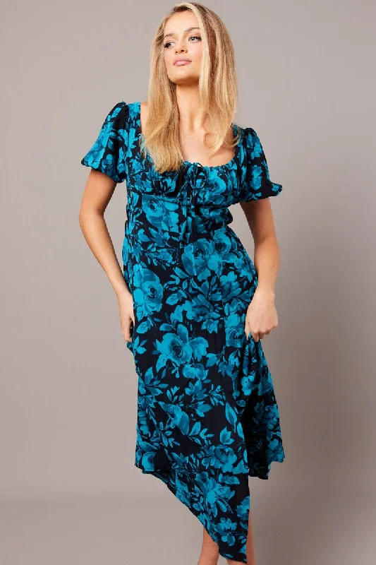 Blue Floral Midi Dress Short Sleeve Ruched Bust Tunics Essential wardrobe