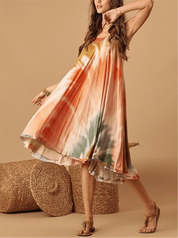 Bohemia Tie Dye Strapless Back A Type Midi Dresses Tunics Summer linen