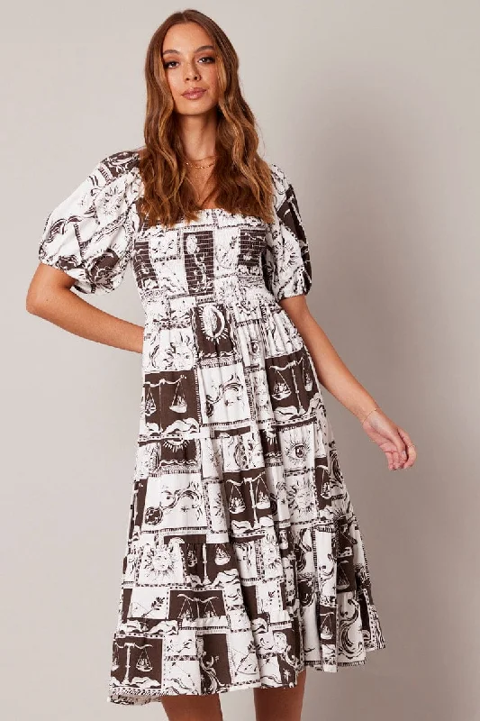 Brown Abstract Midi Dress Puff Sleeve Shirred Bust Tunics Print Colorful