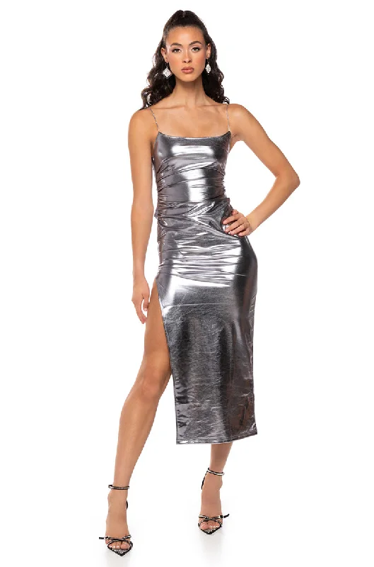 CLUB SEATS METALLIC MIDI DRESS Boatneck Modish Everyday