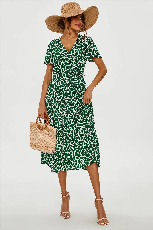 FS Collection Geo Print Hem Tiered Wrap Midi Dress In Green Tunics Vintage classic