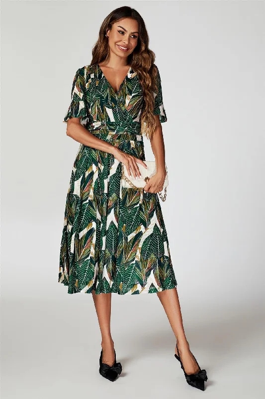 FS Collection Leaf Print Mesh Midi Dress In Green Tunic Top Casual