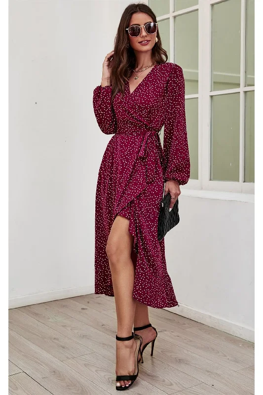 FS Collection Long Sleeve Wrap Midi Dress In Wine Pencil Office Professional