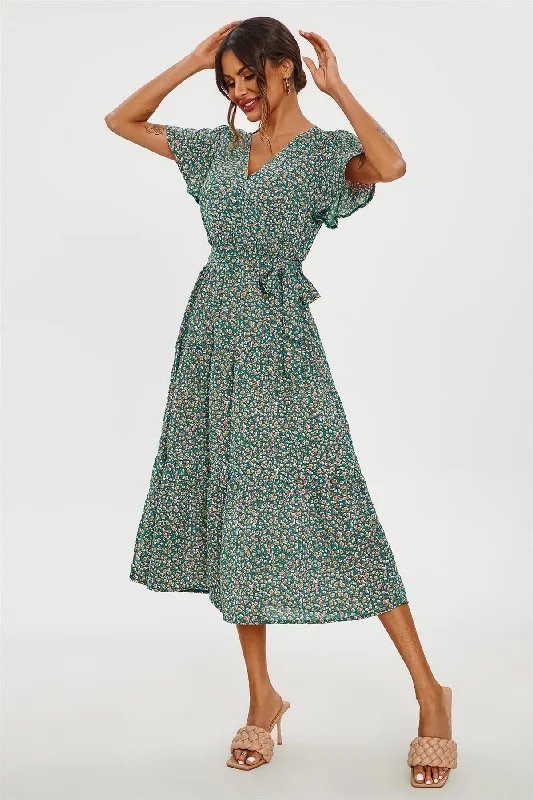 FS Collection Orange Floral Print Hem Tiered Wrap Midi Dress In Green Tunics Timeless classic