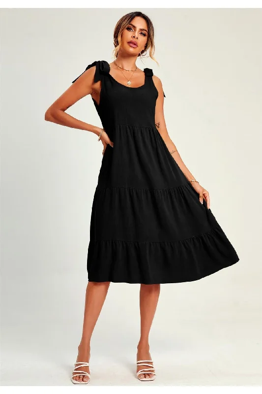 FS Collection Relaxed Linen Self Tie Shoulder Tiered Midi Dress In Black Tunics Yoga stretchy