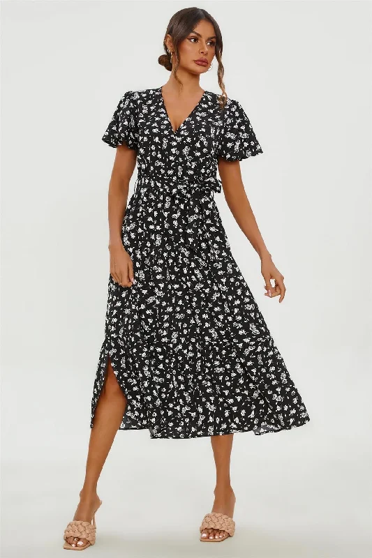 FS Collection White Floral Print Hem Tiered Wrap Midi Dress In Black Tunics Evening elegant