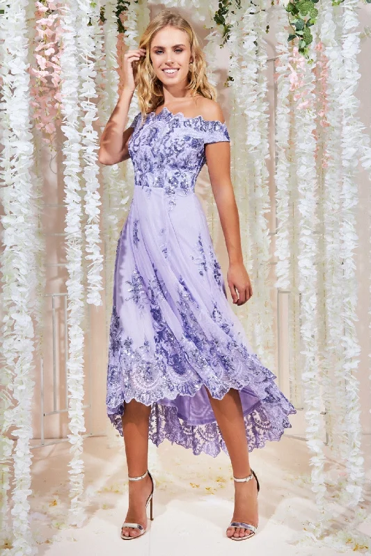 Goddiva Bardot Sequin & Lace High Low Midi - Lilac Tunics Spring floral