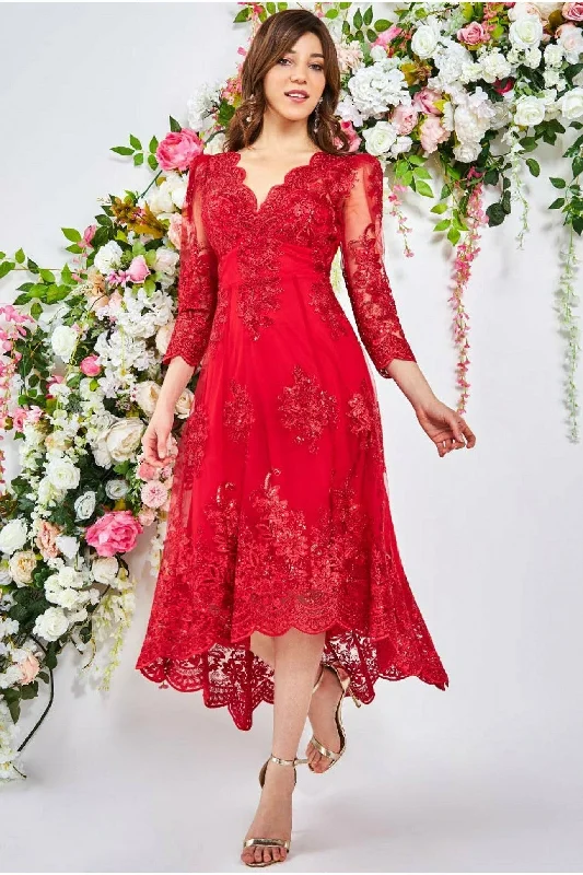 Goddiva Scalloped Lace High Low Midi Dress - Red Tunics Top rated