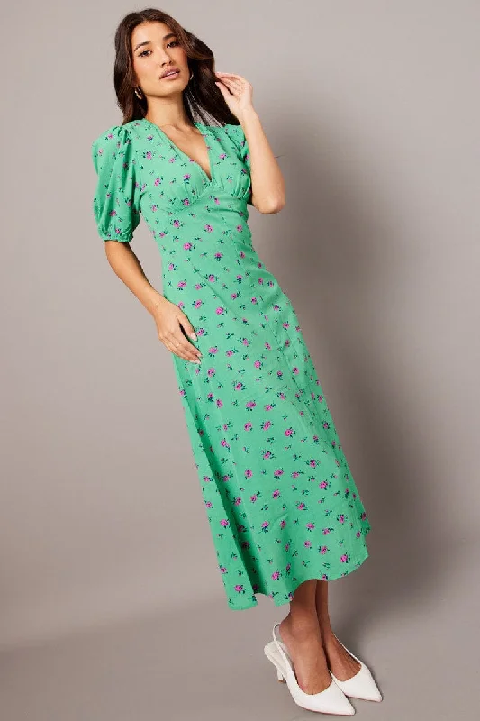 Green Floral Midi Dress Puff Sleeve Tea Dress Tunics Stylish elegant