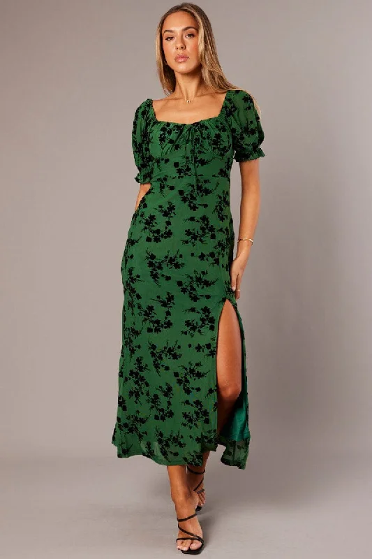 Green Midi Dress Puff Sleeve Burn Out Tunics Custom made