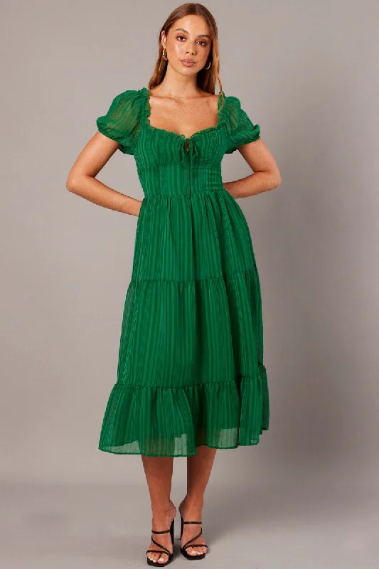 Green Midi Dress Puff Sleeve A-Line Day Work