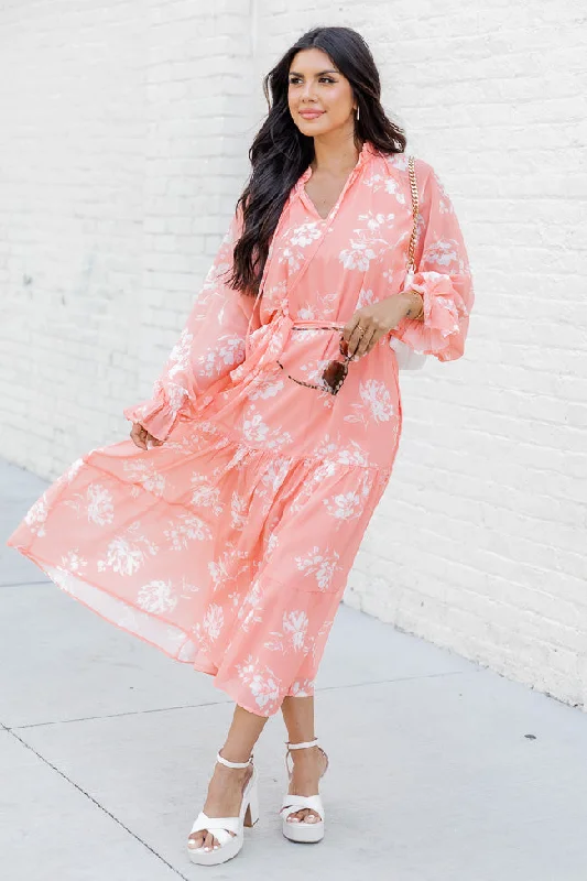 In The Sunshine Coral Floral Notched Neck Midi Dress FINAL SALE Tunics Yoga stretchy