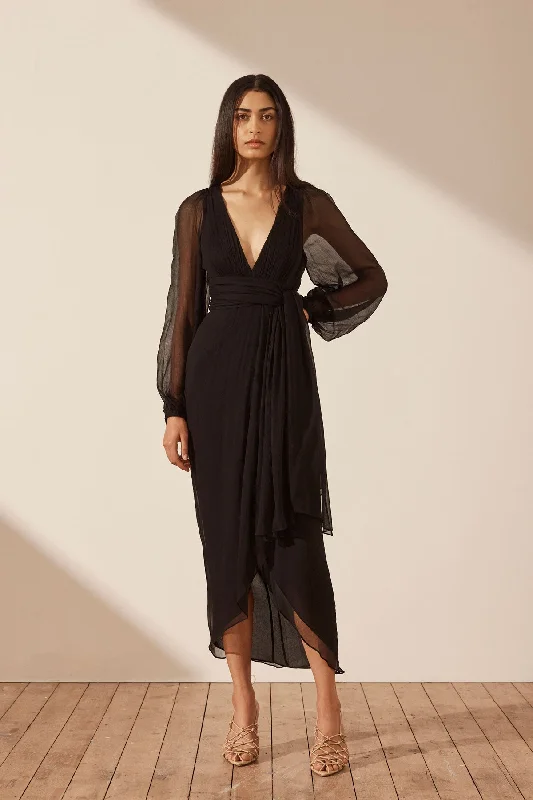 ISOLA PLUNGED LONG SLEEVE MIDI DRESS - BLACK Tunics Bridal satin