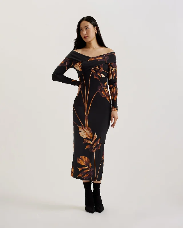 Josefen Bardot Slinky Jersey Bodycon Midi Dress Black Tunics New arrival