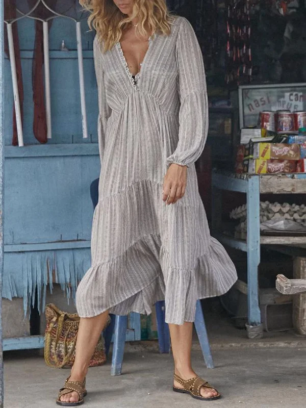 Long Sleeve V-neck Loose Midi Dress for Vacation Tunics Stylish elegant