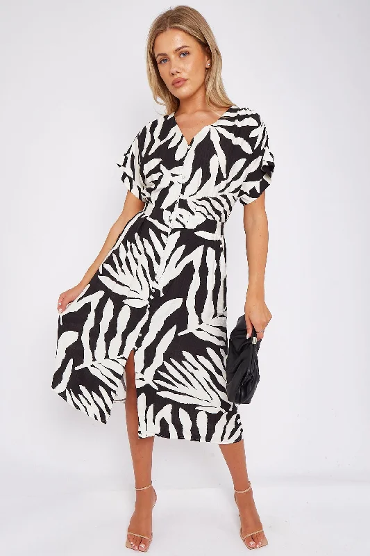 LOVE SUNSHINE Black Leaf Print Short Sleeve V Neck Midi Dress Tunics Distressed trendy