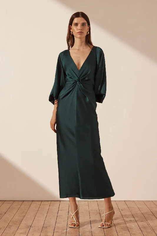 LUXE BALLOON SLEEVE KNOT FRONT MIDI DRESS - EMERALD Square Neckline Feminine