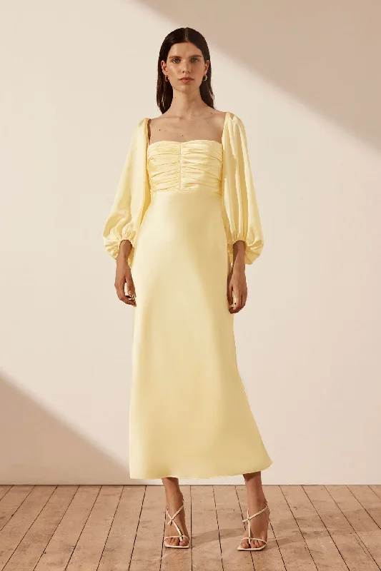 LUXE RUCHED BODICE LONG SLEEVE MIDI DRESS - LEMON Tunics Long Elegant