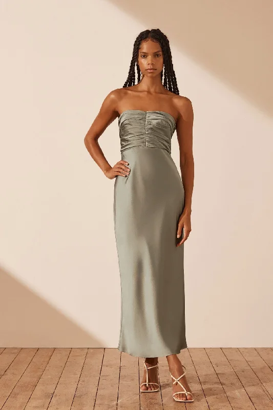 LUXE STRAPLESS RUCHED BODICE MIDI DRESS - EUCALYPTUS empire Waist empire