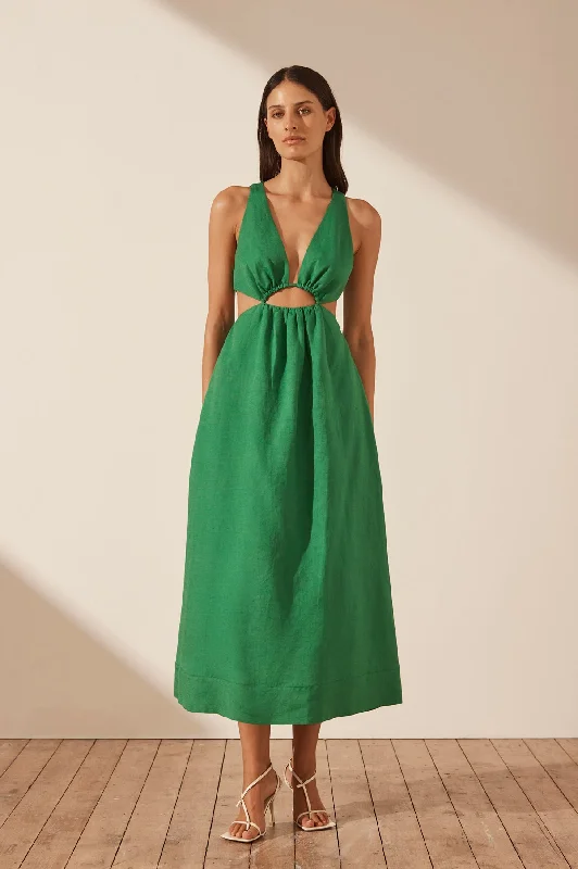 MARE LINEN V NECK CUT OUT MIDI DRESS - TREE GREEN Tunics Polka dots