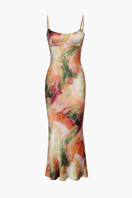 Abstract Print Fitted Midi Slip Dress Off-the-shoulder Chic Trendy