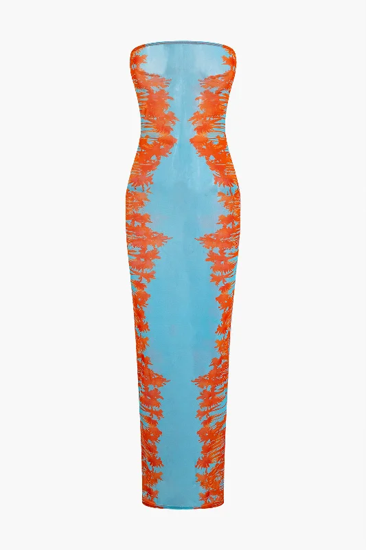 Tropical Print Strapless Midi Dress Boat Neckline Classic