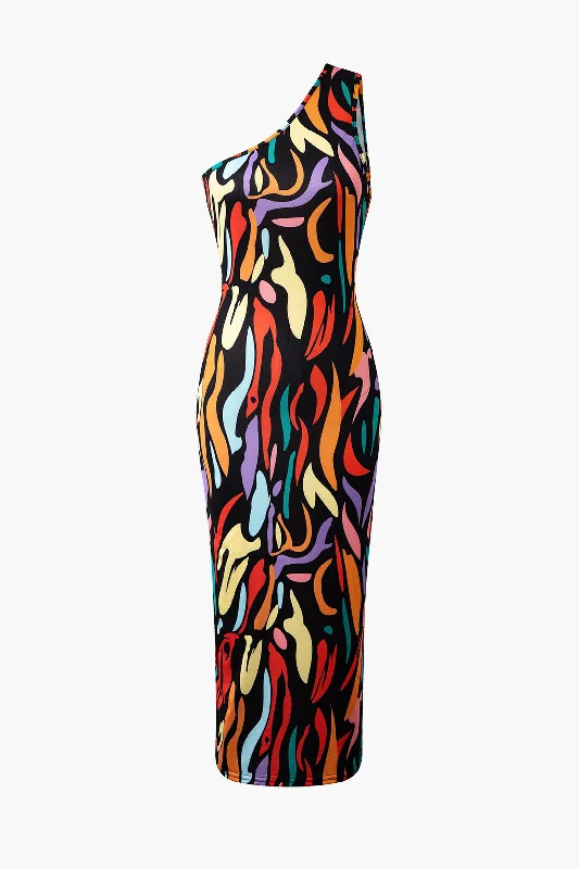 Abstract Print One Shoulder Cut Out Midi Dress Halter Neckline Beach