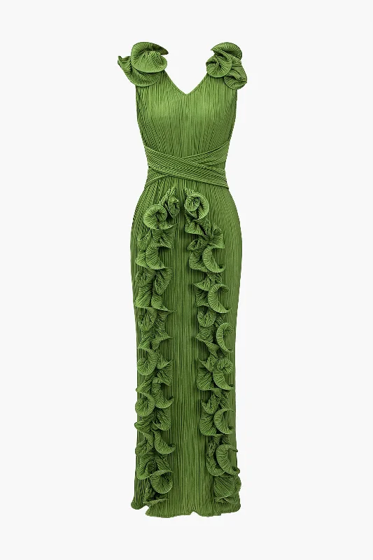 3D Floral V-neck Midi Dress Tunics Velvet soft