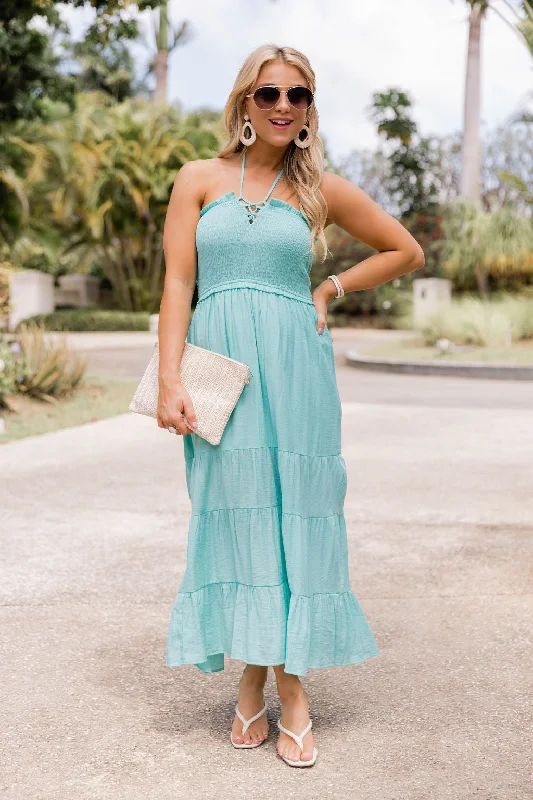 Pretty And Poised Aqua Halter Midi Dress FINAL SALE Tunics Ceremony elegant