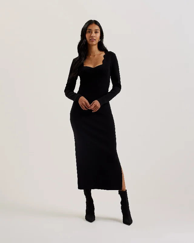 Sharmha Scallop Detailed Bodycon Midi Knit Dress Black Tunics Distressed trendy