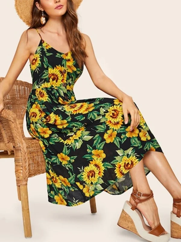 Sling High Waist Button Up Sunflower Print Midi Dress Tunics Silk luxurious