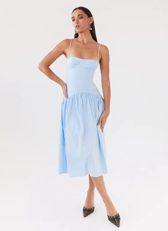 Yvette Corset Midi Dress - Blue Off-the-shoulder Chic Trendy