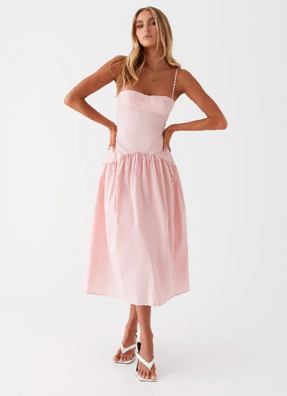 Yvette Corset Midi Dress - Pink Crew Neckline Casual