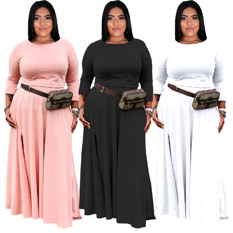 2 Piece Sets Women Plus Size Fashion Casual Solid Basic O Neck Plus Size Two Pieces Skirts Set Houndstooth Herringbone Solid