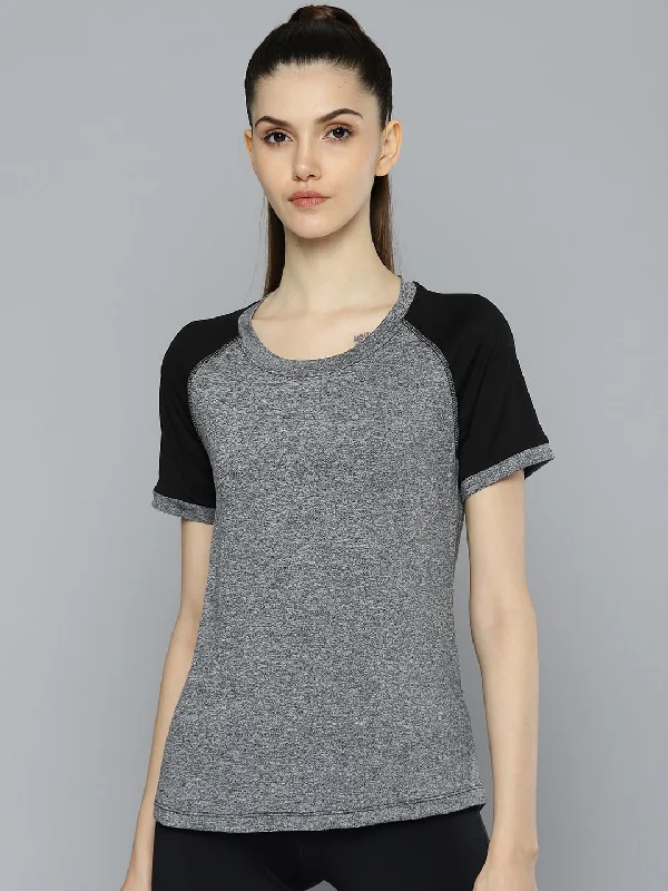 Alcis Women Grey Melange  Black Slim Fit T-shirt Fashionable Trendy Casual