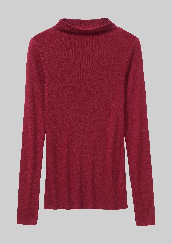 Aster Wool Lyocell High Neck Tee | Claret Embroidered Appliqued Beaded