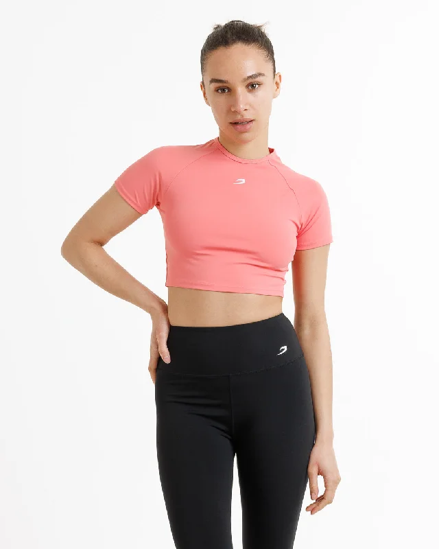 Training Short Sleeve Crop Top - Pink Lace Blend Ribbed Blend Corduroy Blend