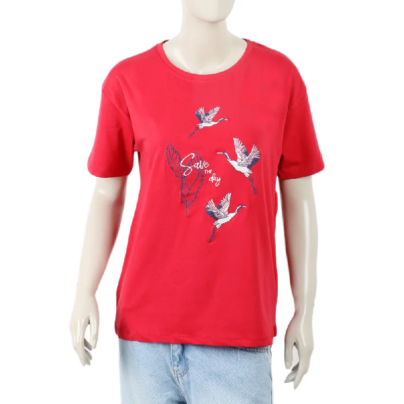 Eminent Women Printed Half Sleeves T-Shirt - Samba Red Graphic Embroidered Appliqued