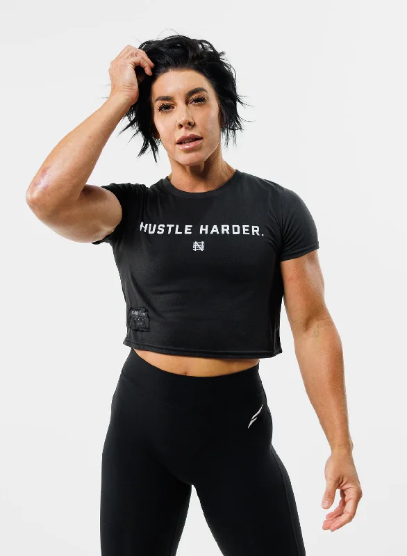 HUSTLE HARDER CROP TEE - BLACK Chenille Blend Fleece Blend Nylon Blend