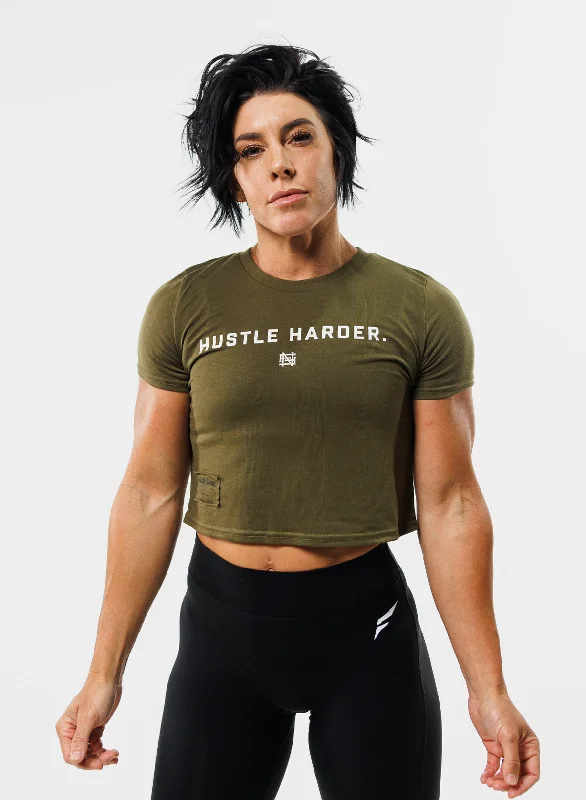 HUSTLE HARDER CROP TEE - OLIVE Anti-Shrink Durable Soft