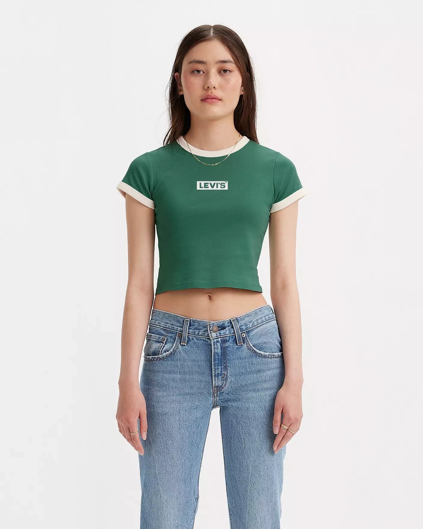 Graphic Mini Ringer T-Shirt in Bistro Green & White Solid Print Embellished